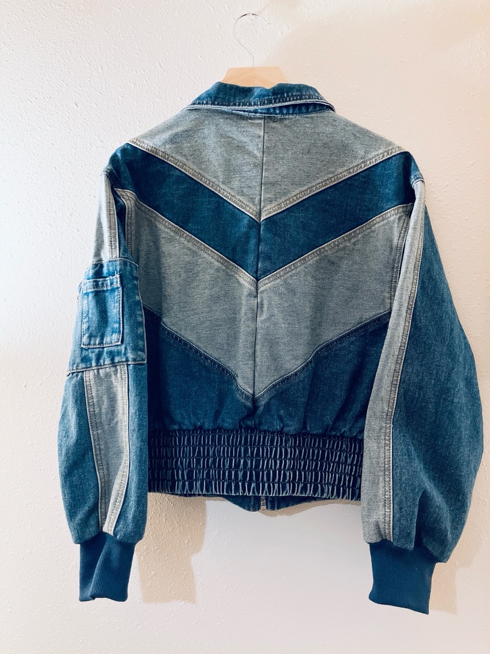 Nasty Gal Chevron Patchwork Denim Bomber Jean Jacket Medium - Picture 4 of 10
